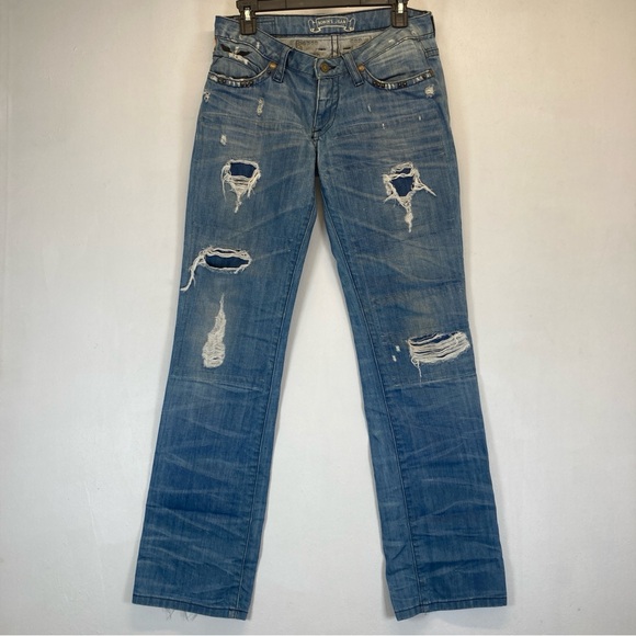 Robin's Jean Denim - Robin's Boyfriend Jean Light Blue Distressed Straight Leg Jeans Size 26 Studded